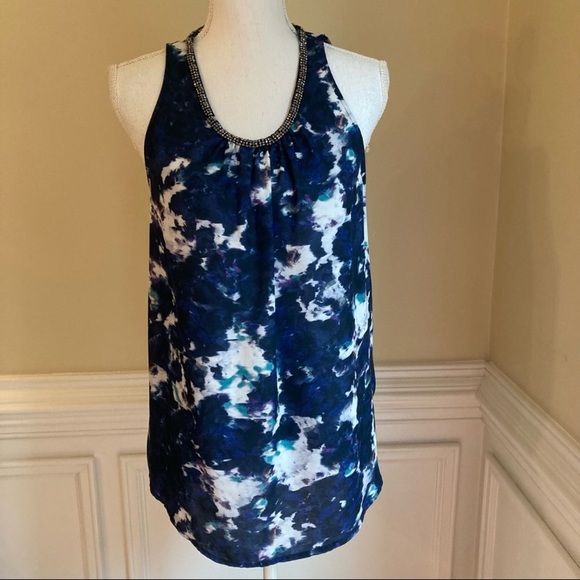 🎉LAST CHANCE🎉 MOSSIMO Blue Abstract Watercolor Silky Embellished Tank Blouse - Picture 2 of 10